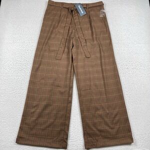 ModCloth Wide Leg Pants Womens 14 Brown Plaid High Waist Tie Belt Career Trouser
